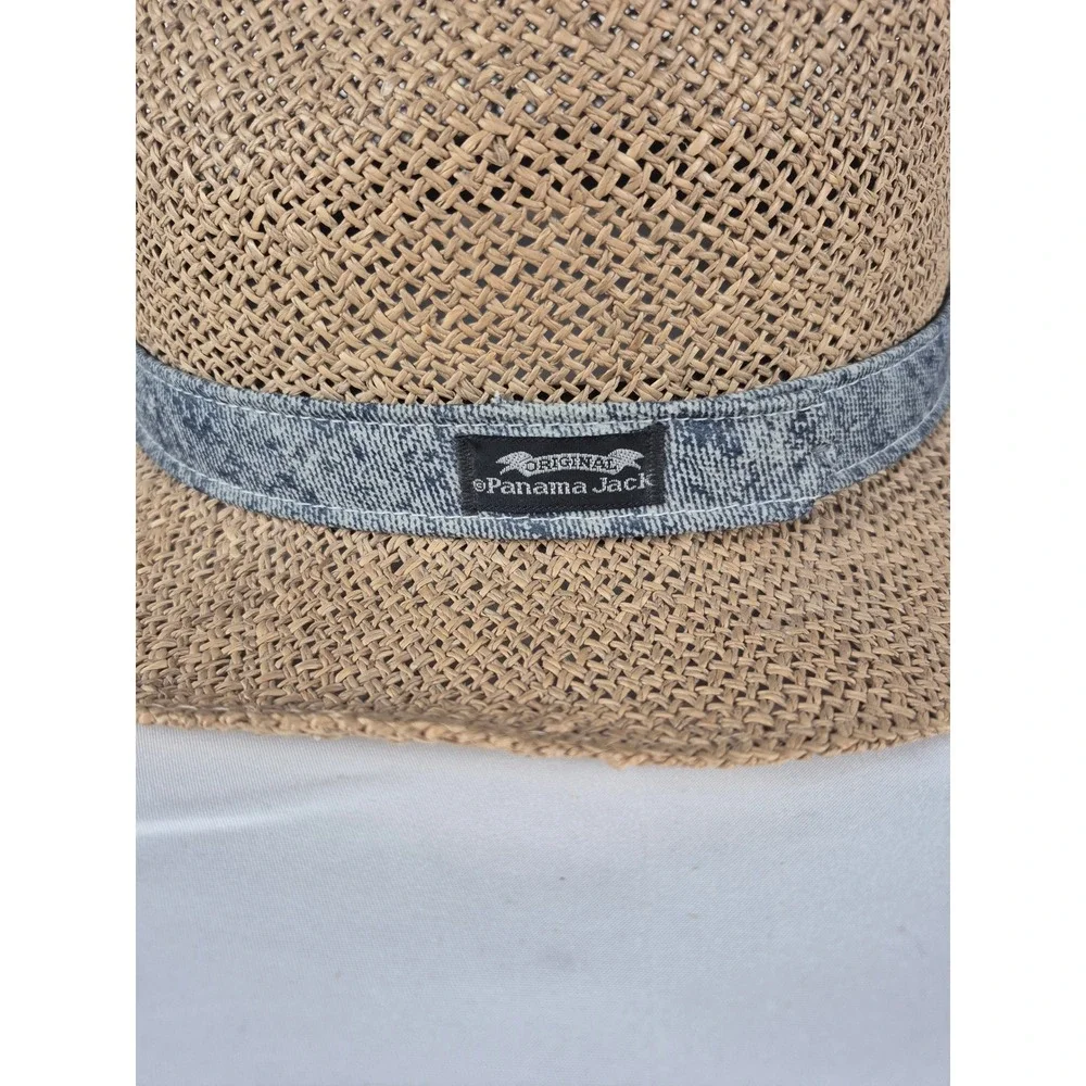 Panama Jack Straw Fedora‎ Hat Tan Woven Sun Hat Blue Denim Band Mens Womens